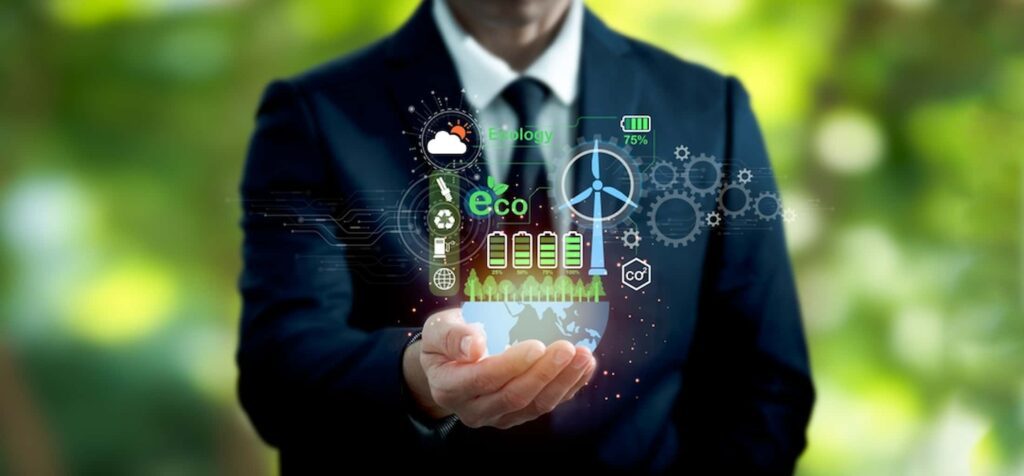 นักธุรกิจถือไอคอนจำลองคาร์บอนเครดิต